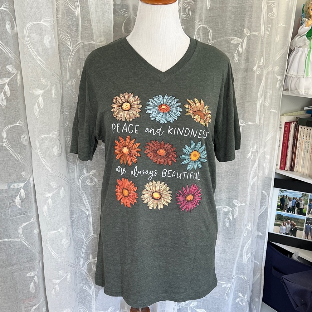 NWT Large Green Floral Graphic Tee with Peace and Kindness Message